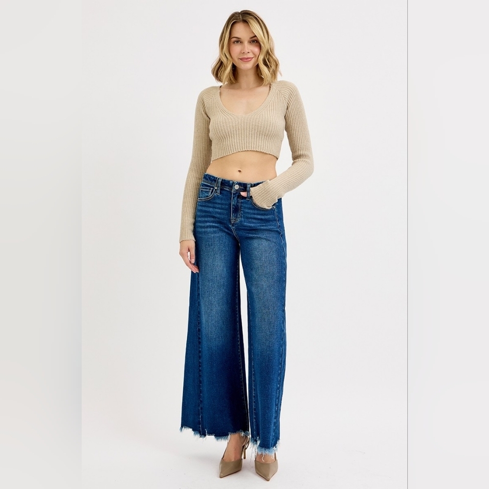 Risen HR Dark Wash Wide Leg Jeans Distressed Hems Palazzo Various Plus NEW